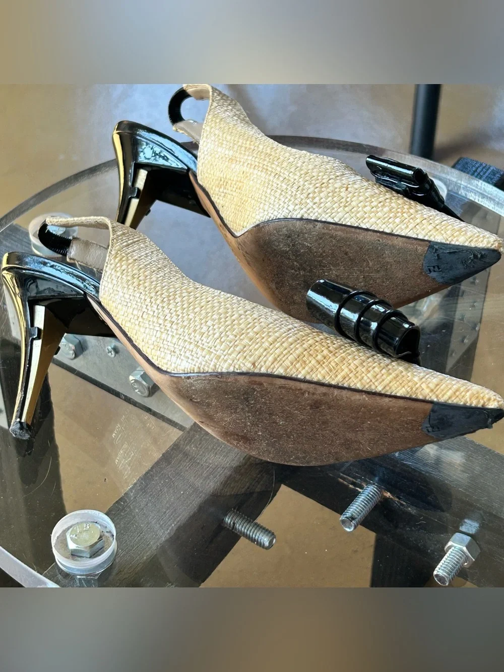 Fendi Woven Raffia Patent Leather Bow Beige/Black Pointed Slingback Pumps, sz 8
